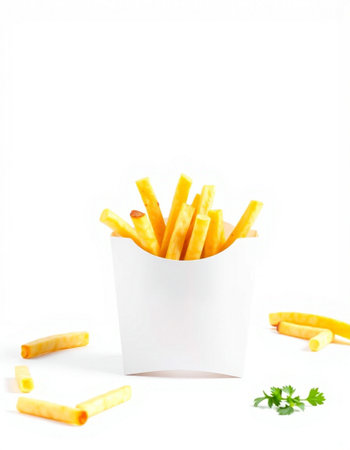 French fries in a white box on a white background. Isolated