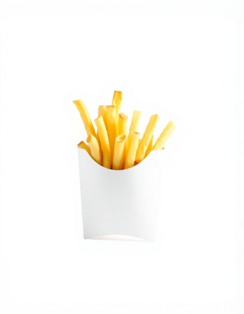 French fries in paper box isolated on white background. Fast food.