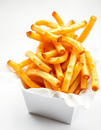 French fries in paper box on white background. Shallow dof.