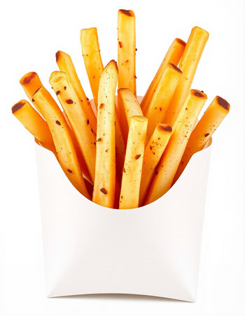 French fries in a white paper box on a white background, isolated