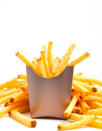 French fries in paper box isolated on white background. Close up.