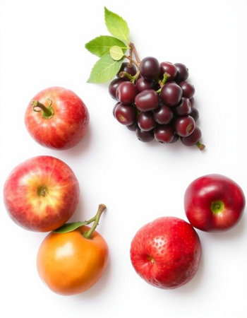 Fruits on white background. Flat lay, top view, copy spaceの写真素材