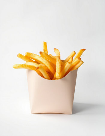 French fries in a paper box on a white backgroundの写真素材