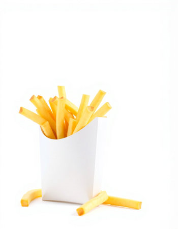 French fries in a paper box on a white background. Isolatedの写真素材