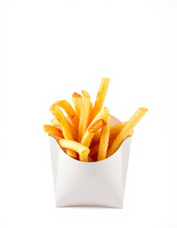 French fries in paper box isolated on white background. Fast food.