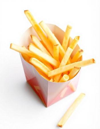 French fries in paper box on white background. Shallow dof.