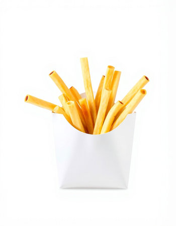 Crispy bread sticks in a paper box isolated on white background