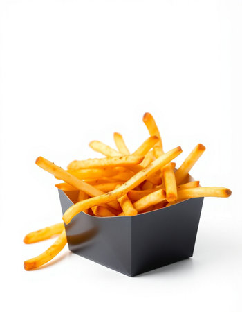 French fries in a black box isolated on white background. Selective focus.