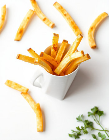 French fries in a white cup on a white background. Close-up.