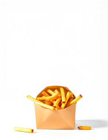 French fries in paper box on white background. Fast food concept.