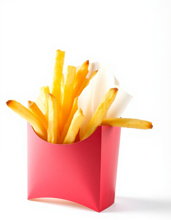 French fries in red box isolated on white background. Fast food.