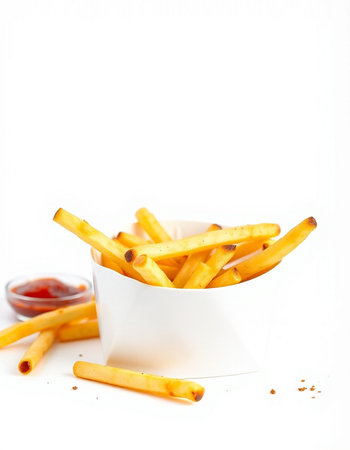 French fries with ketchup isolated on white background. Selective focus.