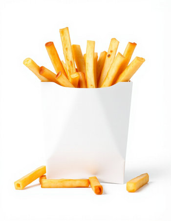 French fries in paper box isolated on white background with clipping path.