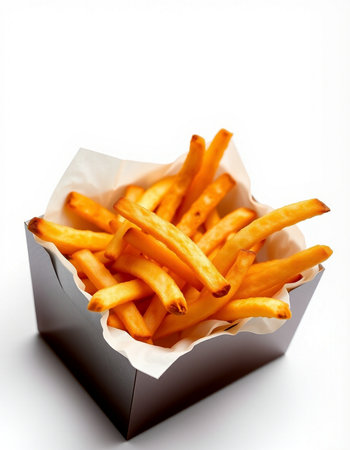 French fries in paper box isolated on white background. Selective focus.