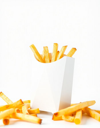 French fries in paper box on white background. Selective focus.