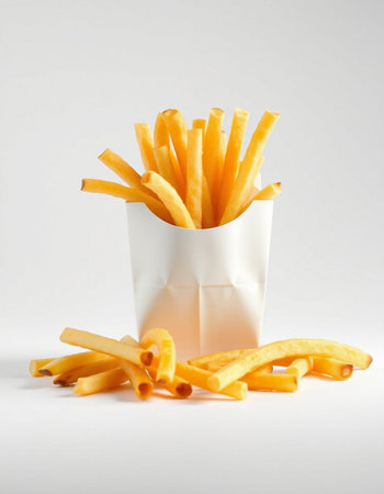 French fries in paper box on white background. Selective focus.