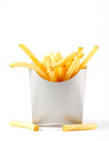 French fries in a paper box on a white background. Isolated