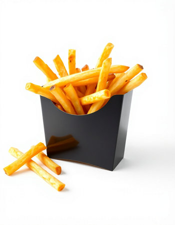 French fries in a black box on white background. Isolated.