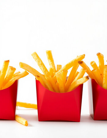 French fries in a red box on a white background, fast foodの写真素材