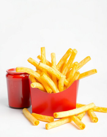 French fries with ketchup on white background. Selective focus.