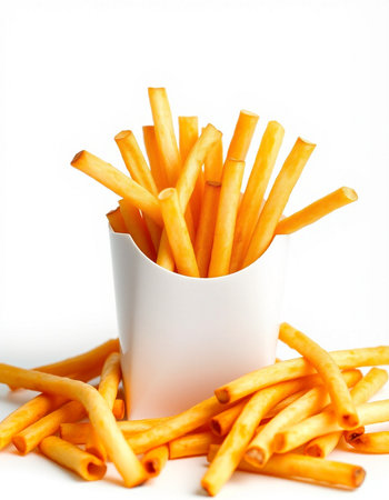 French fries in a white paper cup on a white background. Close-up.