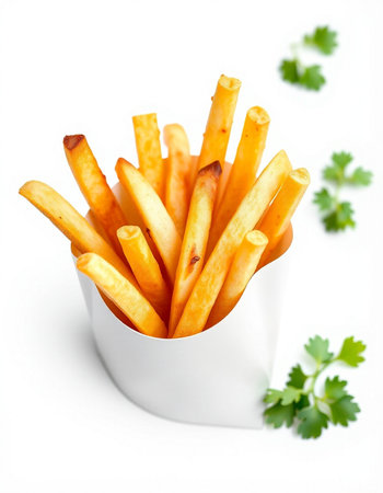 French fries with parsley on a white background, close-up