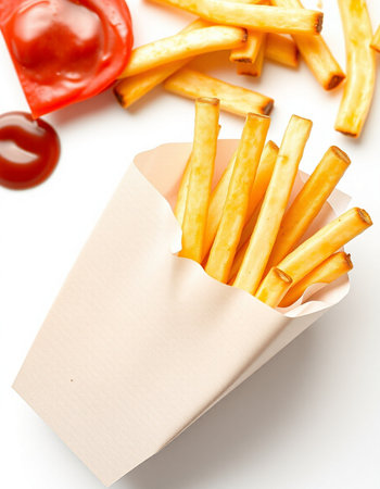 French fries in paper bag with ketchup on white background, top view