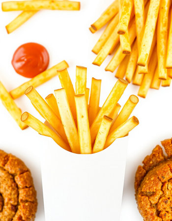 Crispy french fries with ketchup and tomato on white background