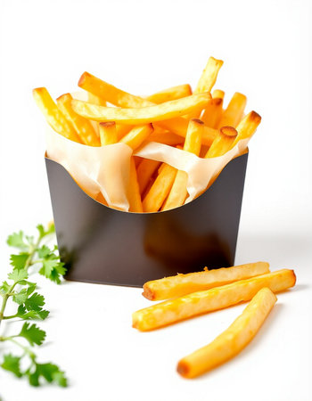 French fries with mayonnaise and parsley on a white backgroundの写真素材