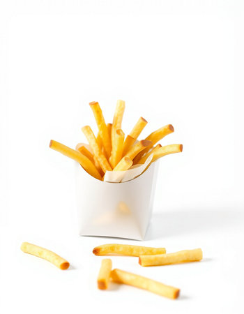 French fries in a white box on a white background. Fast food.