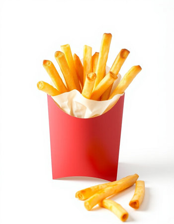 French fries in a red box on a white background. Fast food.