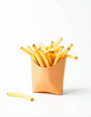 French fries in a paper box on a white background.