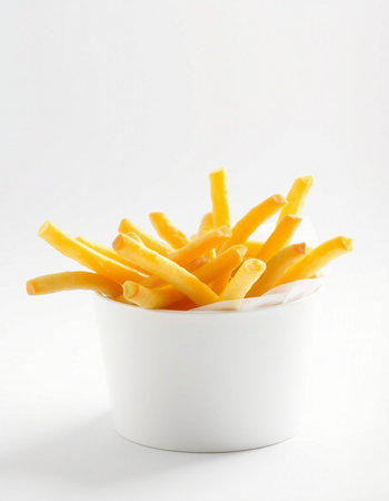 French fries in a white bowl on a white background, isolated.
