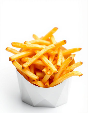 French fries in a paper box on a white background. Selective focus.