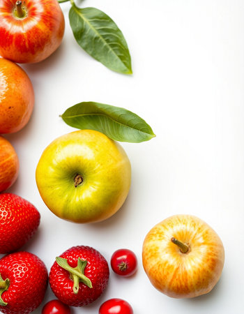 Fresh fruits on white background. Healthy food concept. Flat lay, top view.
