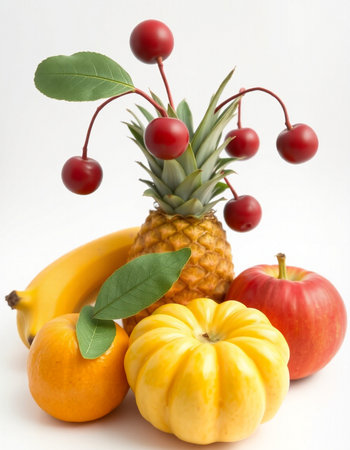 Fruits and vegetables made of pumpkins, apples and cherries