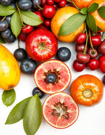 Fruits and berries on a white background. Healthy food concept.