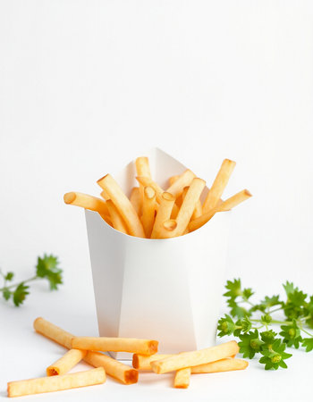 French fries in a paper cup on a white background. Selective focus.