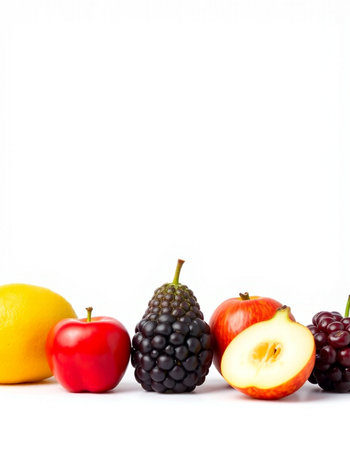 Fruits isolated on white background. Blackberry, red apple, blackberry, grapefruitの写真素材