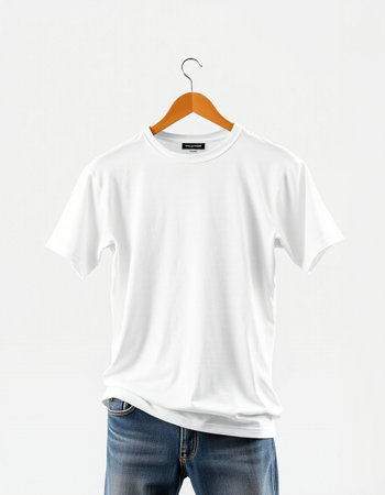 White t-shirt mockup on wooden hanger on white background