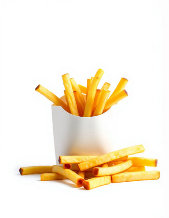 French fries in a white box on a white background. Isolated
