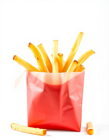 French fries in red paper bag isolated on white background. Selective focus.