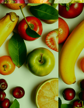 Fruits and vegetables collage. Healthy food background. Top view.の写真素材