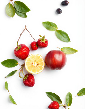 Fruits and berries on white background. Flat lay, top view