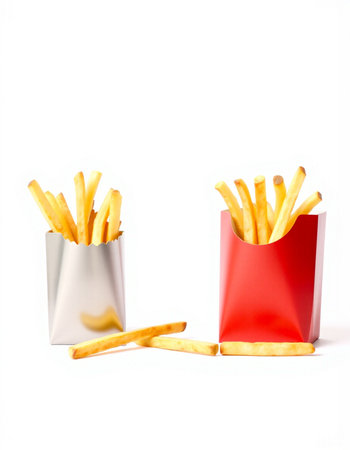 French fries in a red box on a white background. Fast food.