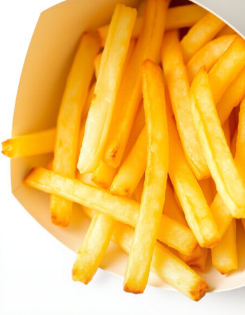 Golden French fries in a paper box isolated on a white background.