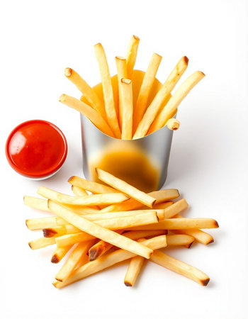 French fries with ketchup on white background. Selective focus.