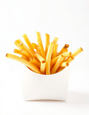 French fries in a white box on a white background, close-up