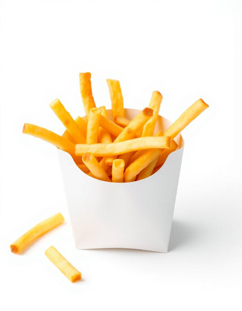 French fries in a paper box on a white background. Isolated