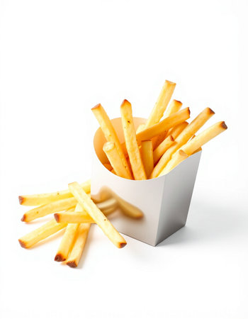 French fries in white box isolated on white background, clipping path included
